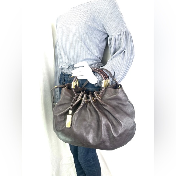 Michael Kors Brown Leather Medium Hobo Shoulder Bag Round Woven Handles Grommets - Picture 3 of 11